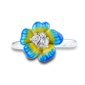 SANTUZZA Sterling Silver Elegant Blue Blooming Flower and Cubic Zirconia Ring