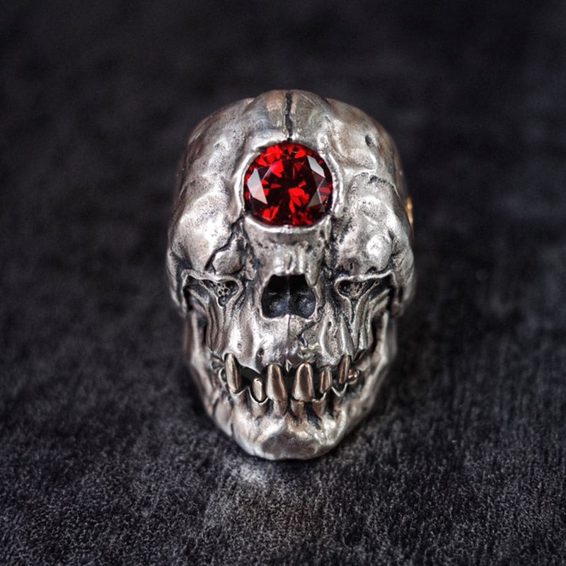 EYHIMD  Gothic Style Red Crystal Cyclops Skull Ring