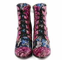 Load image into Gallery viewer, JOHNATURE Handmade Vintage Style Leather High Heels Boots with Floral Embroidery

