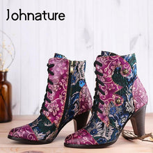 Load image into Gallery viewer, JOHNATURE Handmade Vintage Style Leather High Heels Boots with Floral Embroidery
