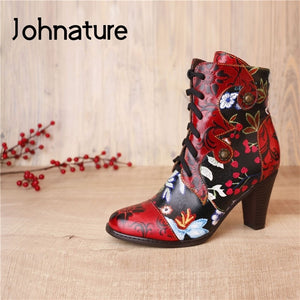 JOHNNATURE  Handmade & Painted Leather High Heel Ankle Boots with Floral Patterns