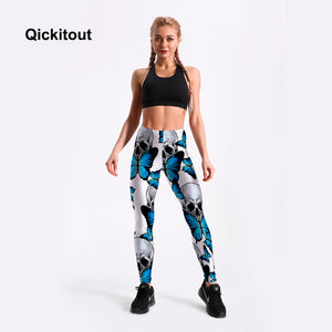 QICKITOUT  Women's Workout Fitness Active Wear Leggings in Butterfly & Skulls Print