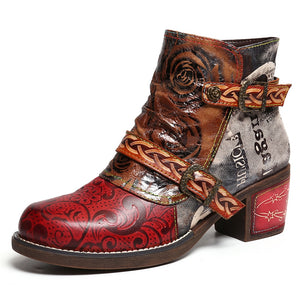 SOCOFY  Handmade Leather Vintage Print & Emboss Ankle Boots