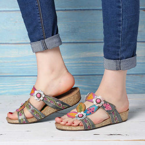 SOCOFY Hand Painted Genuine Leather Retro Style Floral Patterned Sandals with Gem Accents