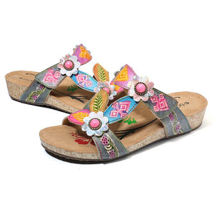 SOCOFY Hand Painted Genuine Leather Retro Style Floral Patterned Sandals with Gem Accents
