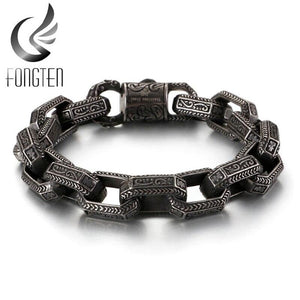 FONGTEN Nordic Viking Style Square Carved Stainless Steel Link Men's Bracelet