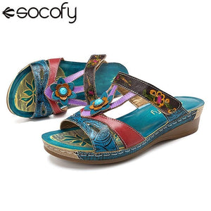 SOCOFY  Women's Roman Style Premium Sandals with Floral Embossed Print