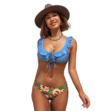 Load image into Gallery viewer, Ruffled Top Two Piece Bikini Swimsuit Set with Floral Print Bottom for Women
