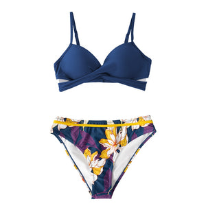 SOPREV  Bohemian Style Solid Push-up Top & Floral or Striped Bottom Bikini Set