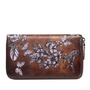 BAOERSEN Women's Genuine Leather Floral Brushed Embossed Clutch Wallet