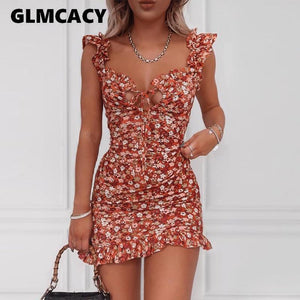 Flirty Ruffle Trimmed Floral Print Bohemian Style Summer/Beach Short Dress