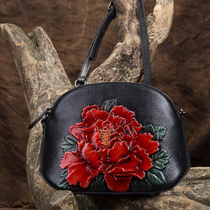 BAOERSEN  Genuine Leather Women's Peony Pattern Cross-body Handbag