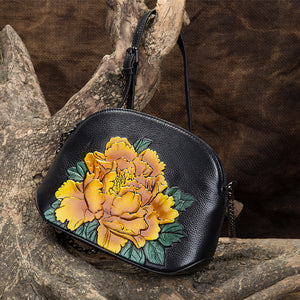 BAOERSEN  Genuine Leather Women's Peony Pattern Cross-body Handbag