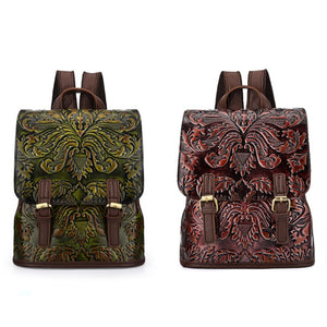 BAOERSEN  Genuine Leather Women's Rose Pattern Embossed Backpack Day-pack