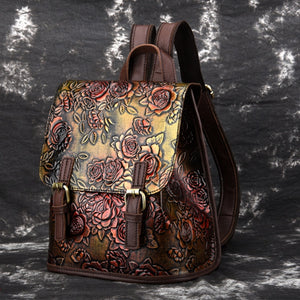 BAOERSEN  Genuine Leather Women's Rose Pattern Embossed Backpack Day-pack