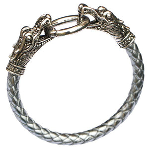 Tibetan Silver and Leather Men's Dragon Head Bracelet
