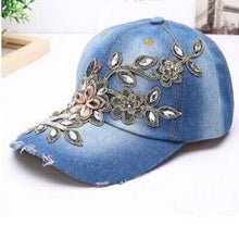 Load image into Gallery viewer, Women&#39;s Baseball Style Denim Hat with Diamond Embroidered Flower Design
