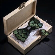 Load image into Gallery viewer, JEMYGINS Unique Handmade Green Bird Feather Bow Tie Gift Set with Brooch
