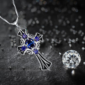 J.C  Medieval Style Tanzanite & 925 Sterling Silver Cross Pendant Necklace