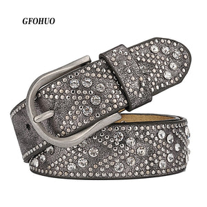 GFOHUO Handmade Women's Auger Style Genuine Leather Rhinestone Accented Belt