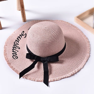Women's Handmade Woven Wide Brim Summer Sun Hat with Black Ribbon