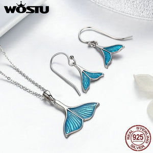 WOSTU   Unique Sterling Silver Women's Mermaid Tail Earrings & Necklace Set