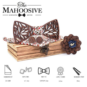 MAHOOSIVE Men's Plaid Wooden Bow Tie, Cuff Link & Handkerchief Set