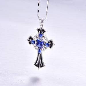 J.C  Medieval Style Tanzanite & 925 Sterling Silver Cross Pendant Necklace