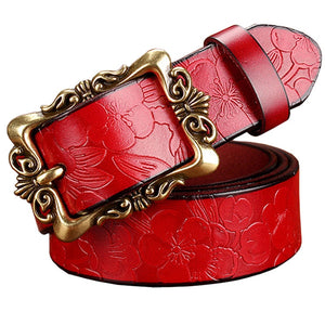 BeHighKing   Genuine Leather Floral Embossed Belt with Antiqued Gold Buckle