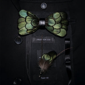 JEMYGINS Unique Handmade Green Bird Feather Bow Tie Gift Set with Brooch