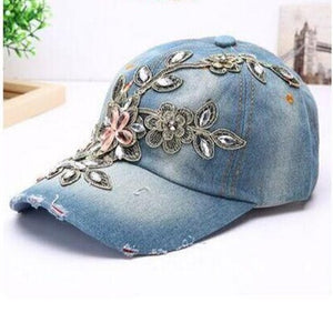 Women's Baseball Style Denim Hat with Diamond Embroidered Flower Design