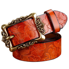 Load image into Gallery viewer, BeHighKing   Genuine Leather Floral Embossed Belt with Antiqued Gold Buckle
