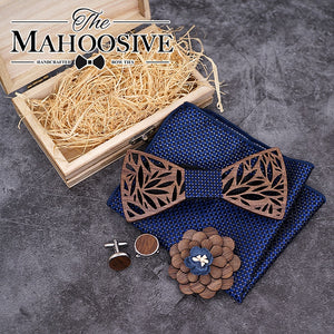 MAHOOSIVE Men's Plaid Wooden Bow Tie, Cuff Link & Handkerchief Set