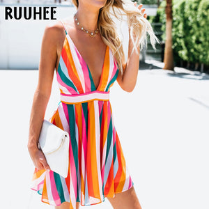 RUUHEE    Women's V-Neck Striped Bikini Cover-up Beach Dress