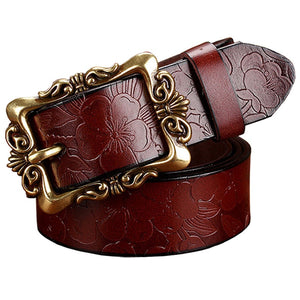 BeHighKing   Genuine Leather Floral Embossed Belt with Antiqued Gold Buckle