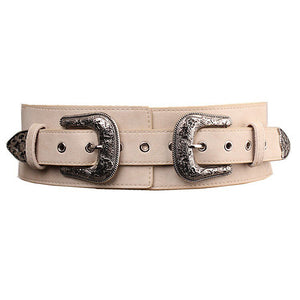 BAO XIU  Classic Style Double Aigo Silver Buckled Leather Belt