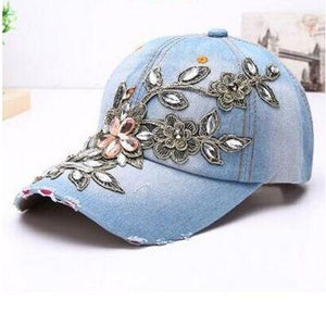 Women's Baseball Style Denim Hat with Diamond Embroidered Flower Design
