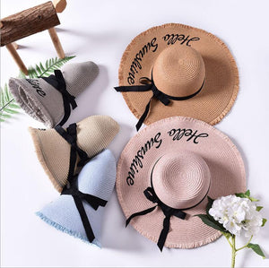 Women's Handmade Woven Wide Brim Summer Sun Hat with Black Ribbon