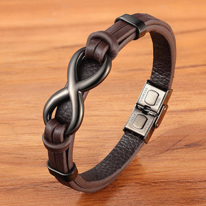 Infinity Loop Stainless Steel Leather Bracelet for Men or Women