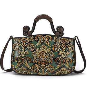 Handmade Genuine Leather Women's Top-handle Shoulder Bag with Intricate Embossed Print