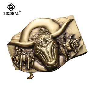 BIGDEAL Solid Brass Bull Automatic Buckle with Genuine Leather Belt for Men