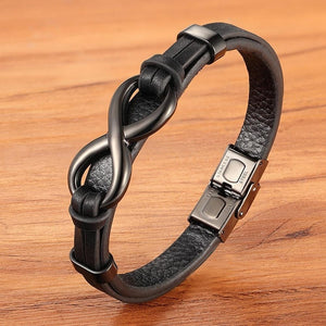 Infinity Loop Stainless Steel Leather Bracelet for Men or Women