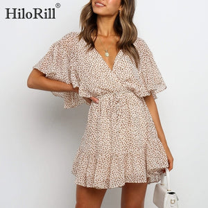 HILORILL  Women's Charming Chiffon V-Neck Short Summer Beach Dress