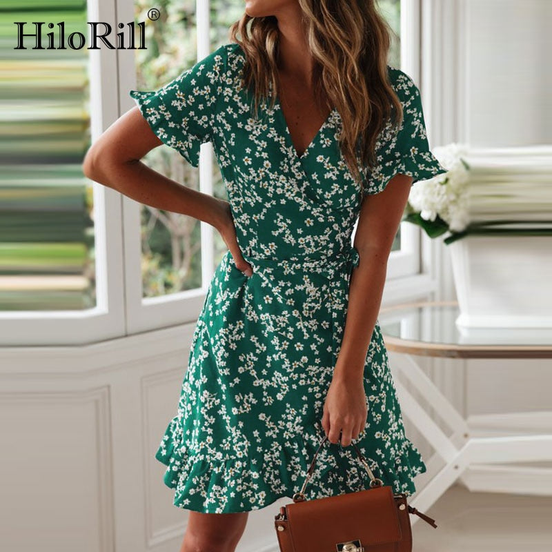 Green Boho Floral Print Wrap Mini Dress – Boho Beach Hut