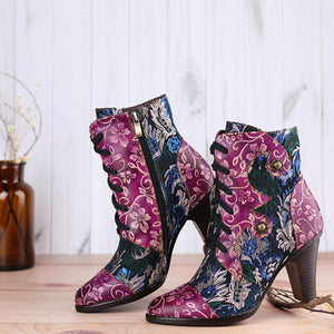 JOHNATURE Handmade Vintage Style Leather High Heels Boots with Floral Embroidery