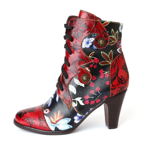 JOHNNATURE  Handmade & Painted Leather High Heel Ankle Boots with Floral Patterns