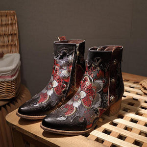 JOHNNATURE  Leather Handmade & Embroidered High Heel Ankle Boots with Flower Design