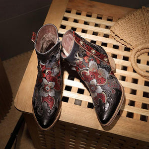JOHNNATURE  Leather Handmade & Embroidered High Heel Ankle Boots with Flower Design
