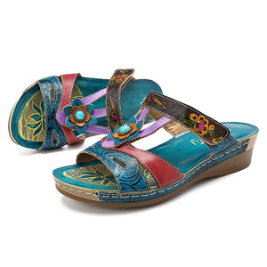 SOCOFY  Women's Roman Style Premium Sandals with Floral Embossed Print