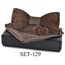 Load image into Gallery viewer, Unique Carved Wood Bow Tie, Cuff Link &amp; Kerchief Set for Men
